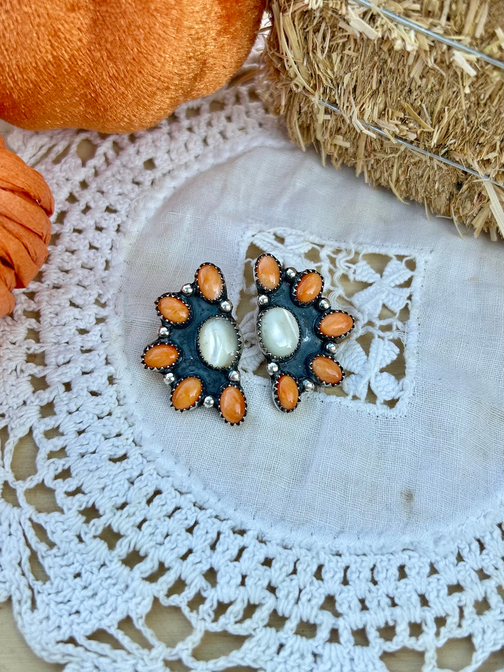 MOP + Orange Spiny Half Cluster Earrings