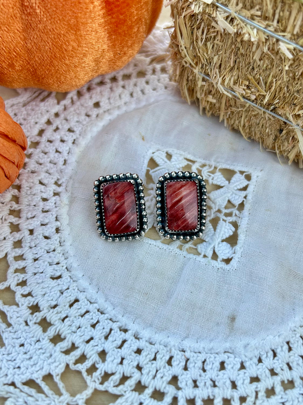 Red Spiny Rectangle Earrings