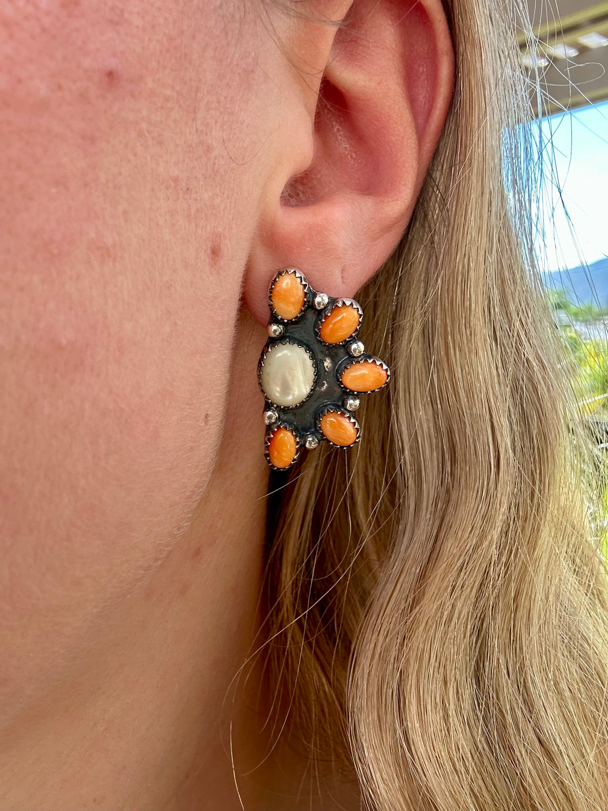 MOP + Orange Spiny Half Cluster Earrings