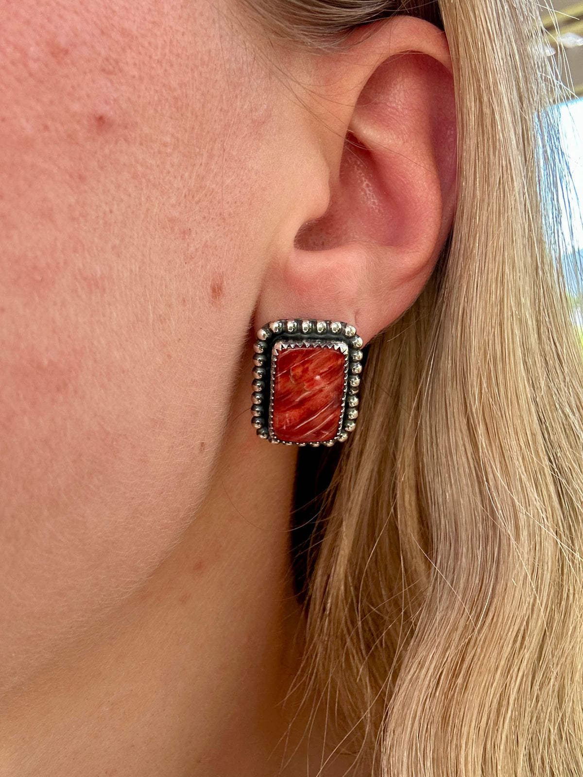 Red Spiny Rectangle Earrings